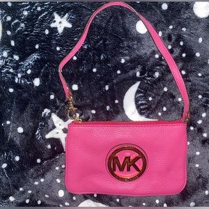Michael Kors Fuchsia Hot Pink Pebbled Leather Gold Logo Wristlet